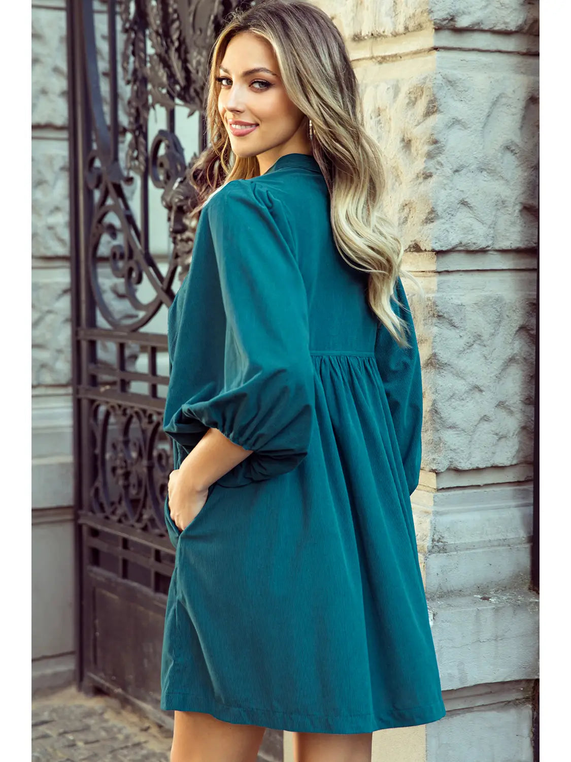 Corduroy Snap Buttons Empire Waist Bracelet Sleeve Dress