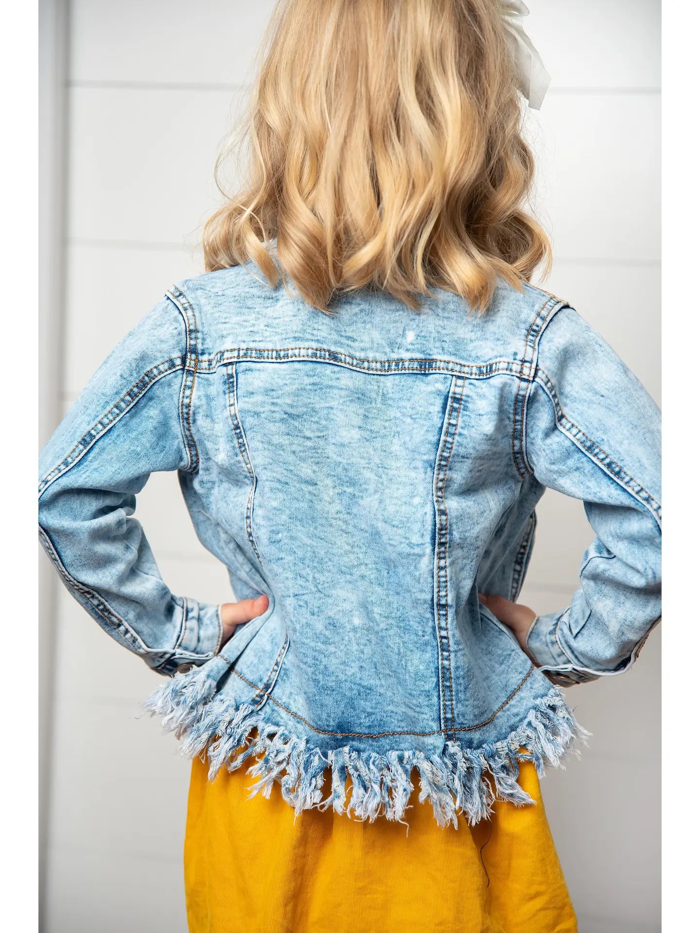 Kids Light Wash Faded Denim Fringe Jacket