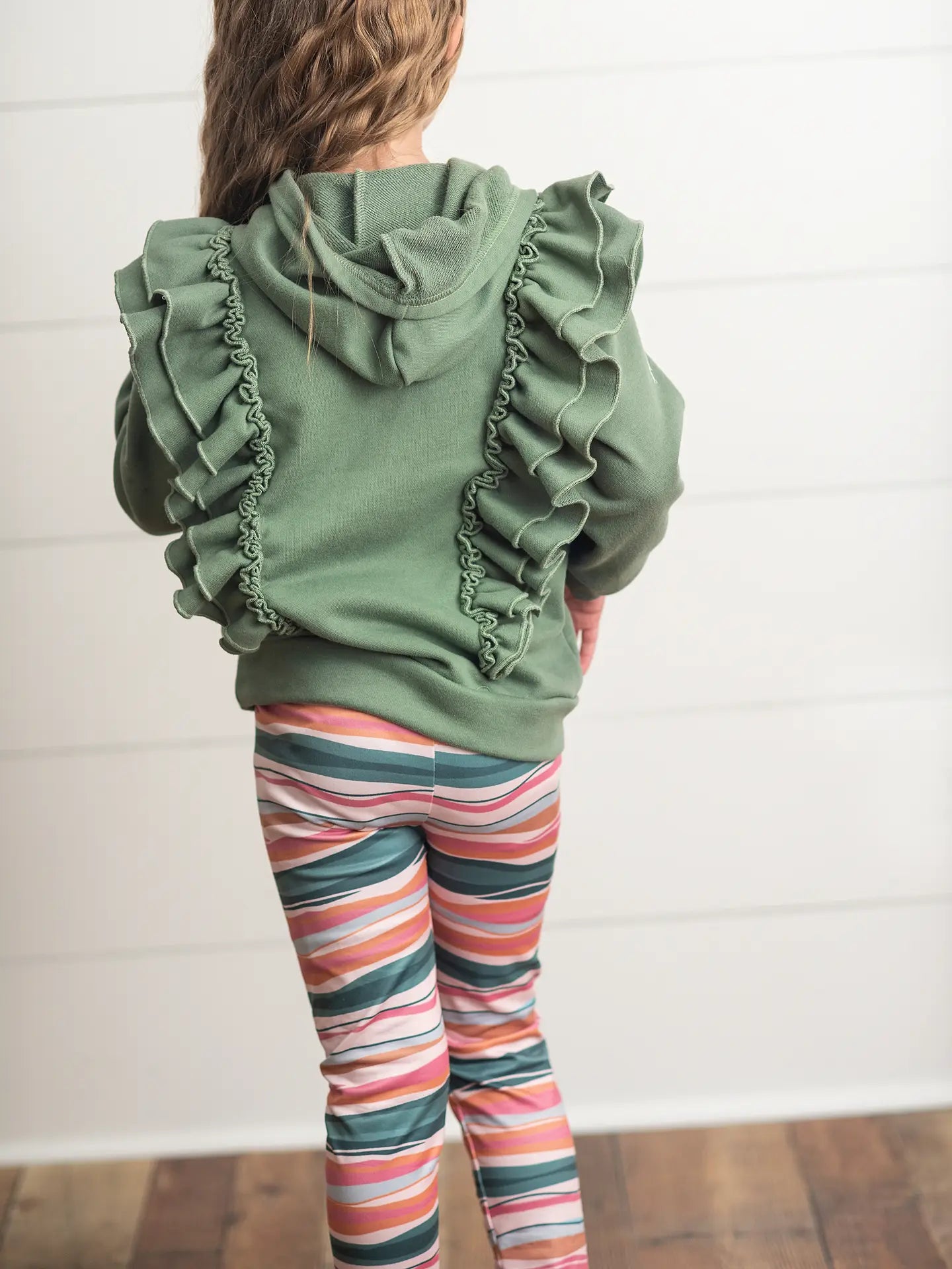 Kids Sage Double Ruffle Button Hoodie & Stripe Leggings Set