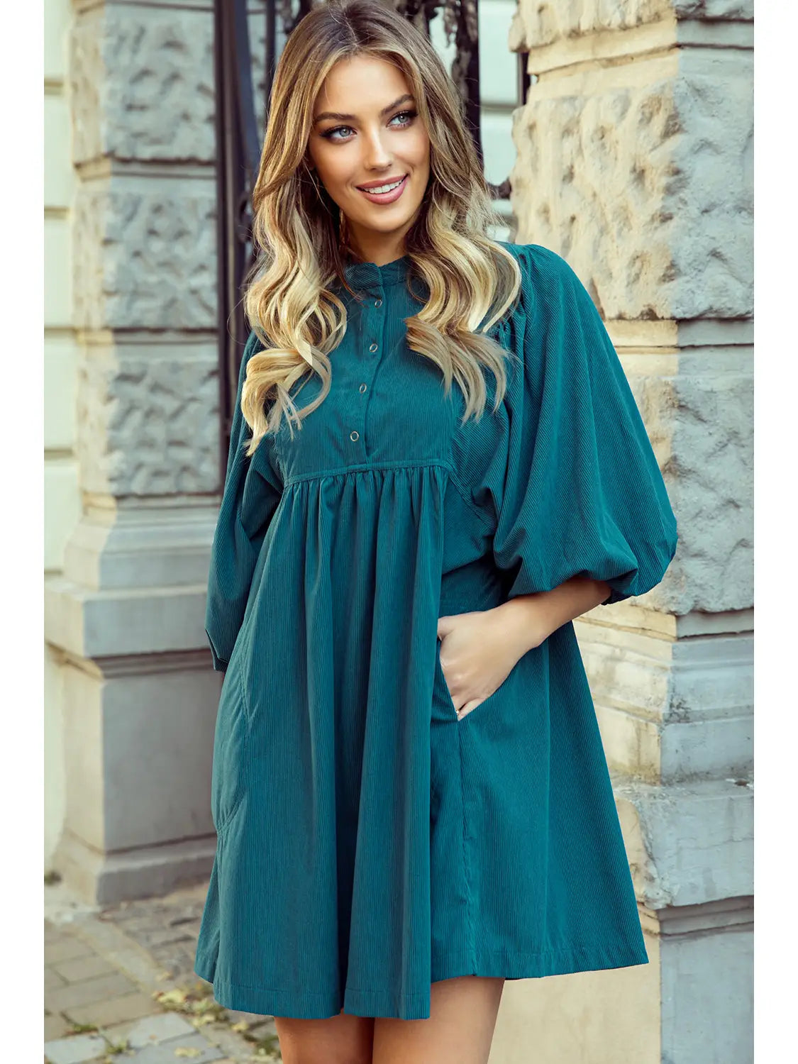 Corduroy Snap Buttons Empire Waist Bracelet Sleeve Dress