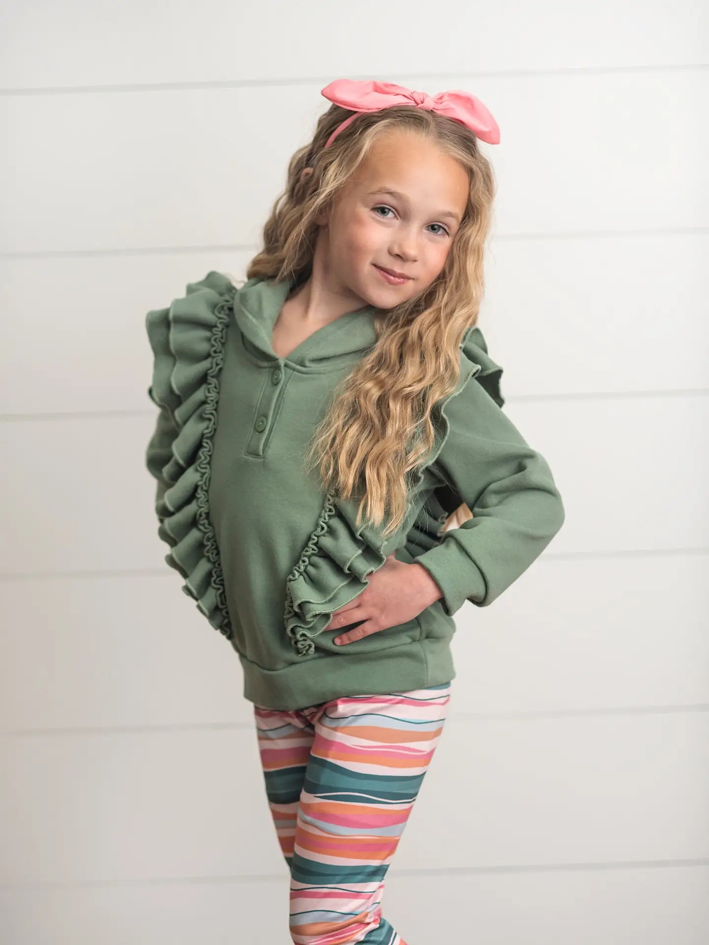 Kids Sage Double Ruffle Button Hoodie & Stripe Leggings Set