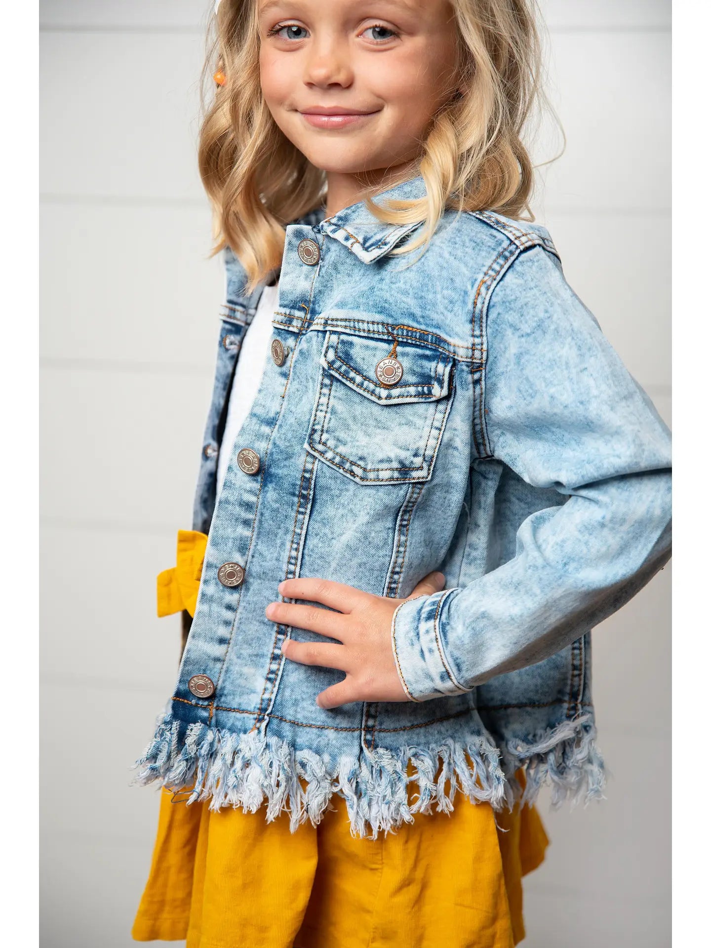 Kids Light Wash Faded Denim Fringe Jacket