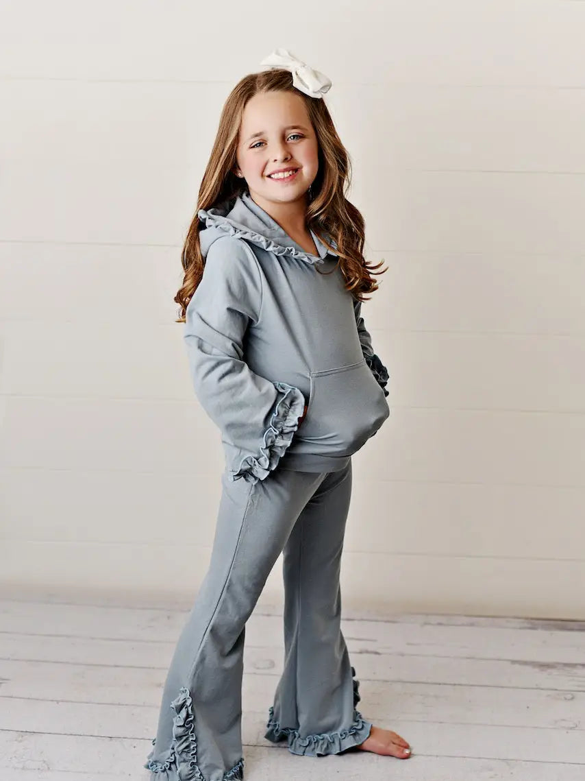 Kids Gray Hooded Ruffle Pocket Lounge Set