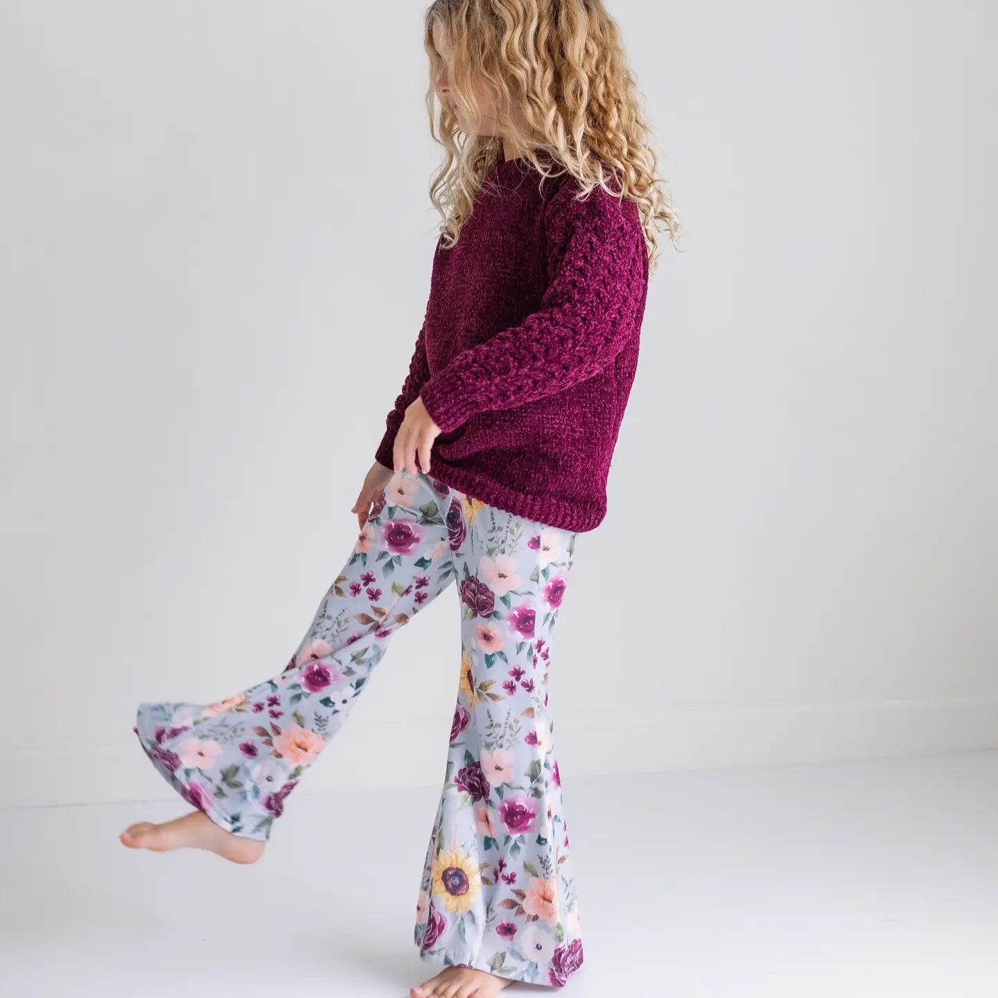 Kids Long Sleeve Plum Sweater & Sage Floral Bell Bottom Set