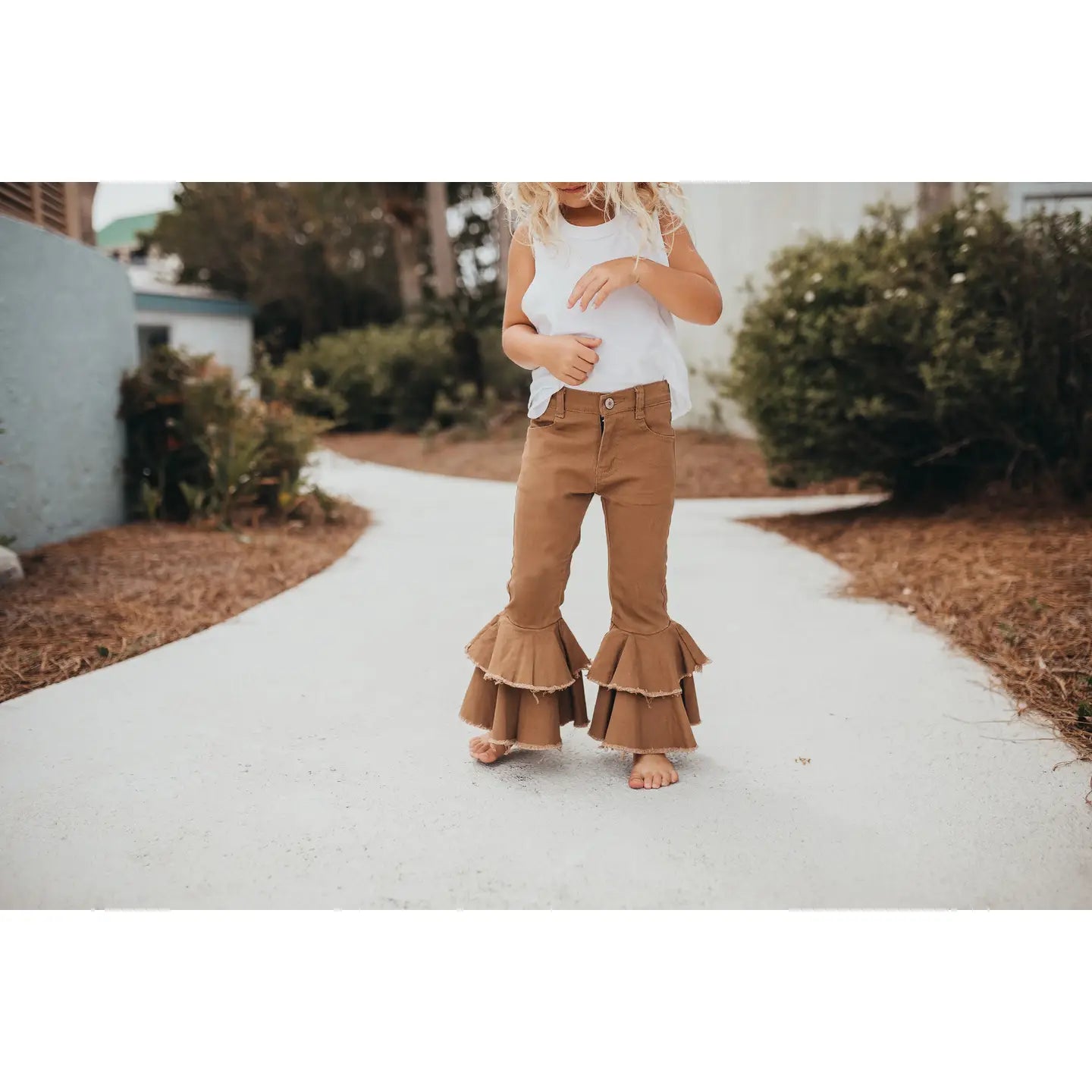 Kids Khaki Denim Double Ruffle Pant Jeans