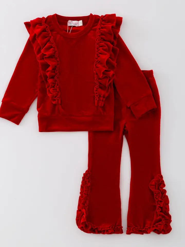Velvet Ruffle Girls Set - Red