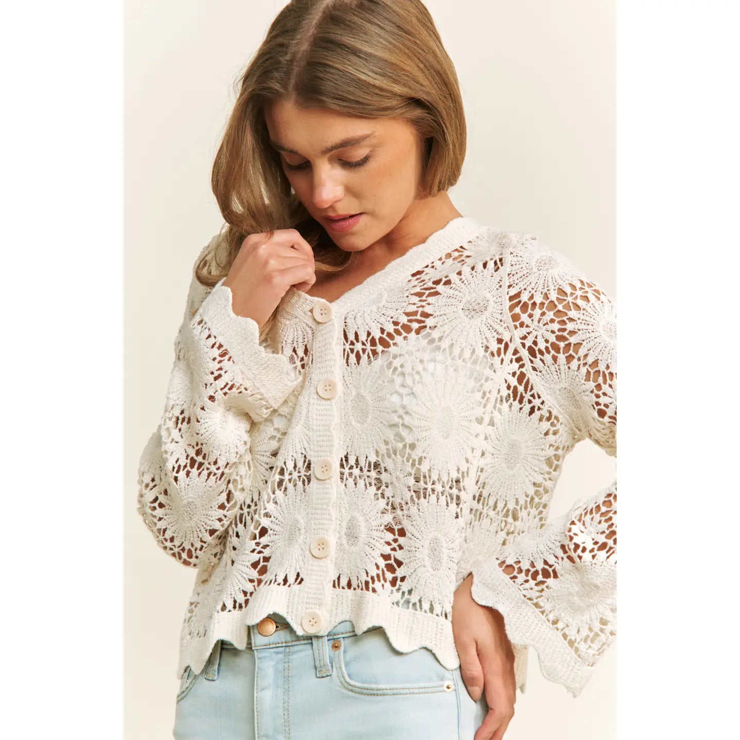 Scallop Lace Floral Crochet Button Down Top