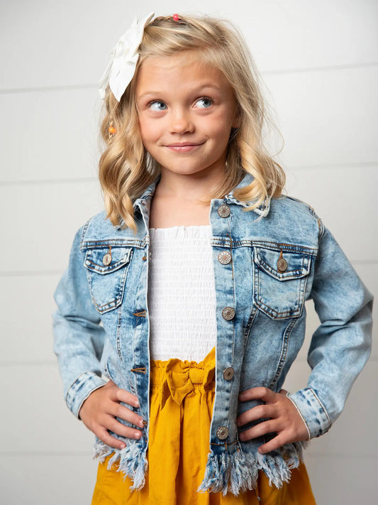Kids Light Wash Faded Denim Fringe Jacket