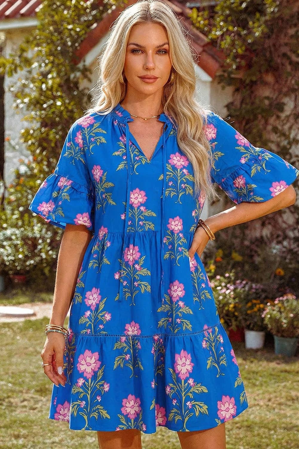 Spring 2026 V Neck Short Sleeve Loose Flower Dress