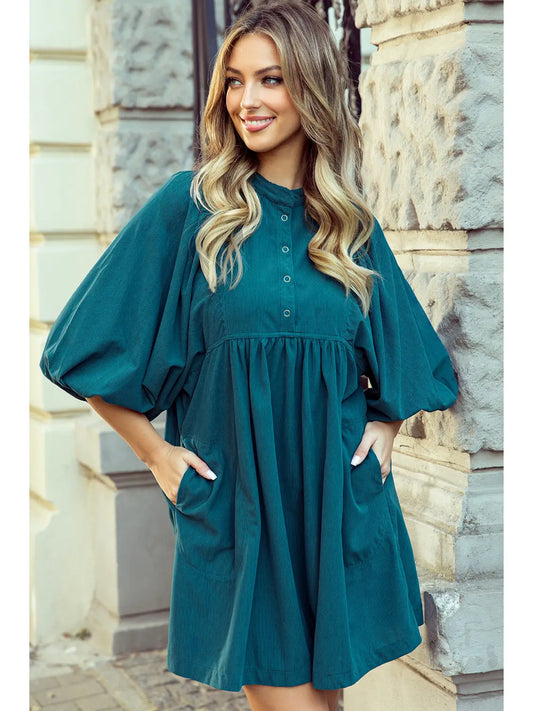 Corduroy Snap Buttons Empire Waist Bracelet Sleeve Dress