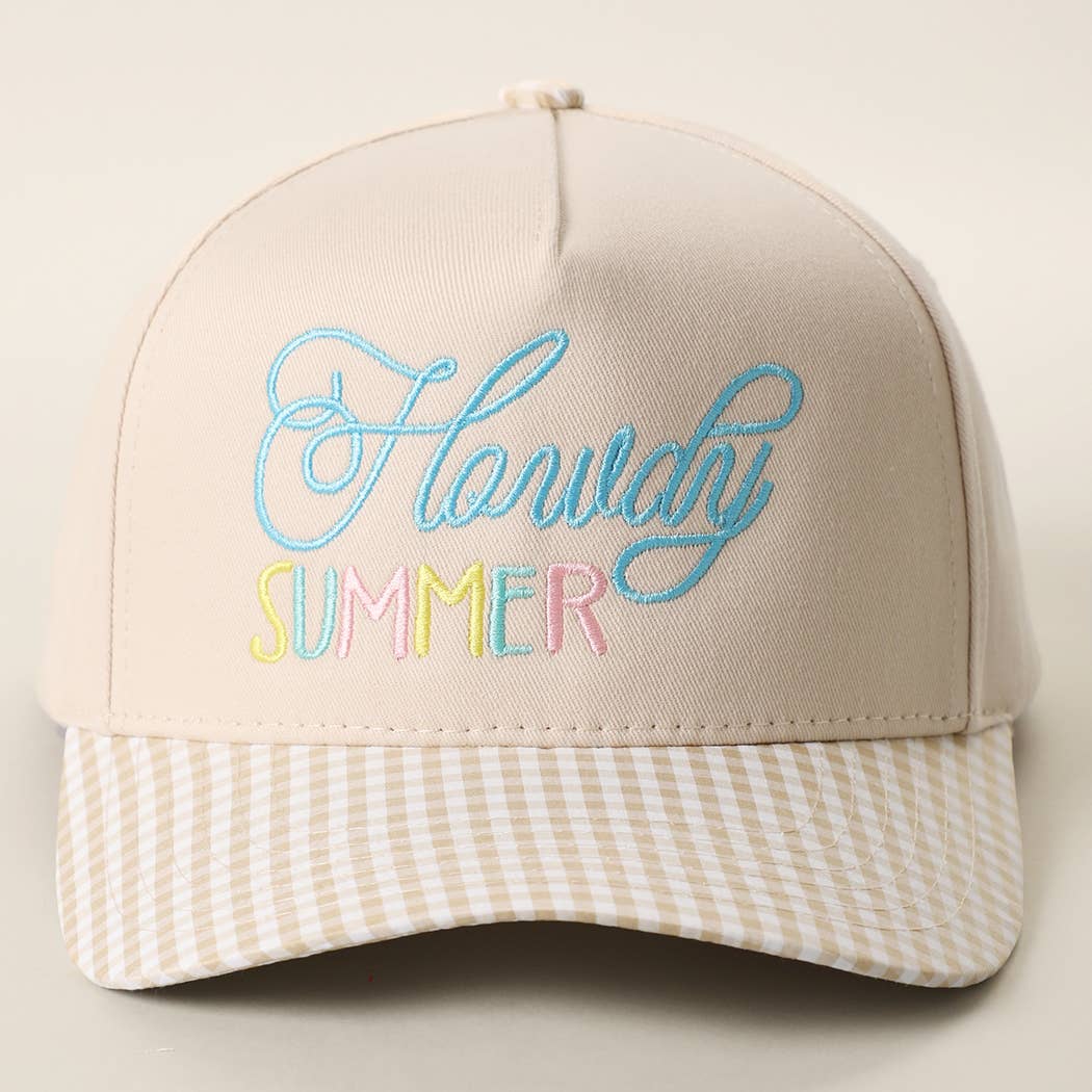 Howdy Summer Embroidered Gingham Brim Trucker Hat