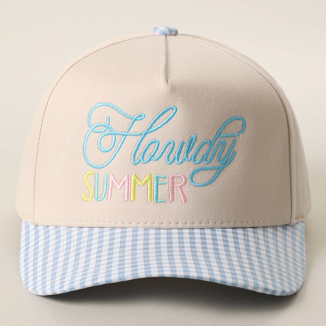 Howdy Summer Embroidered Gingham Brim Trucker Hat