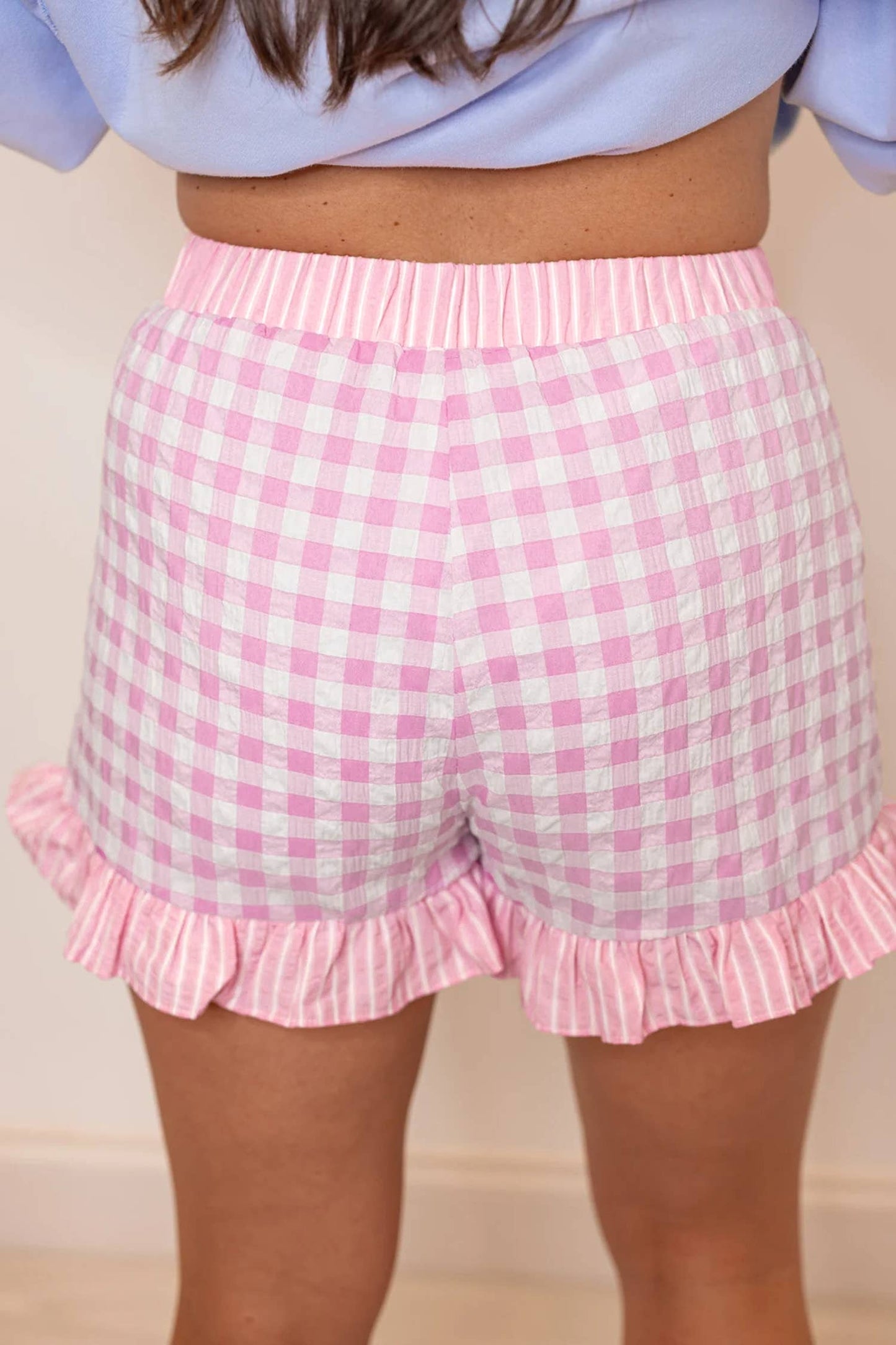 Gingham Print Pink Ruffled Shorts
