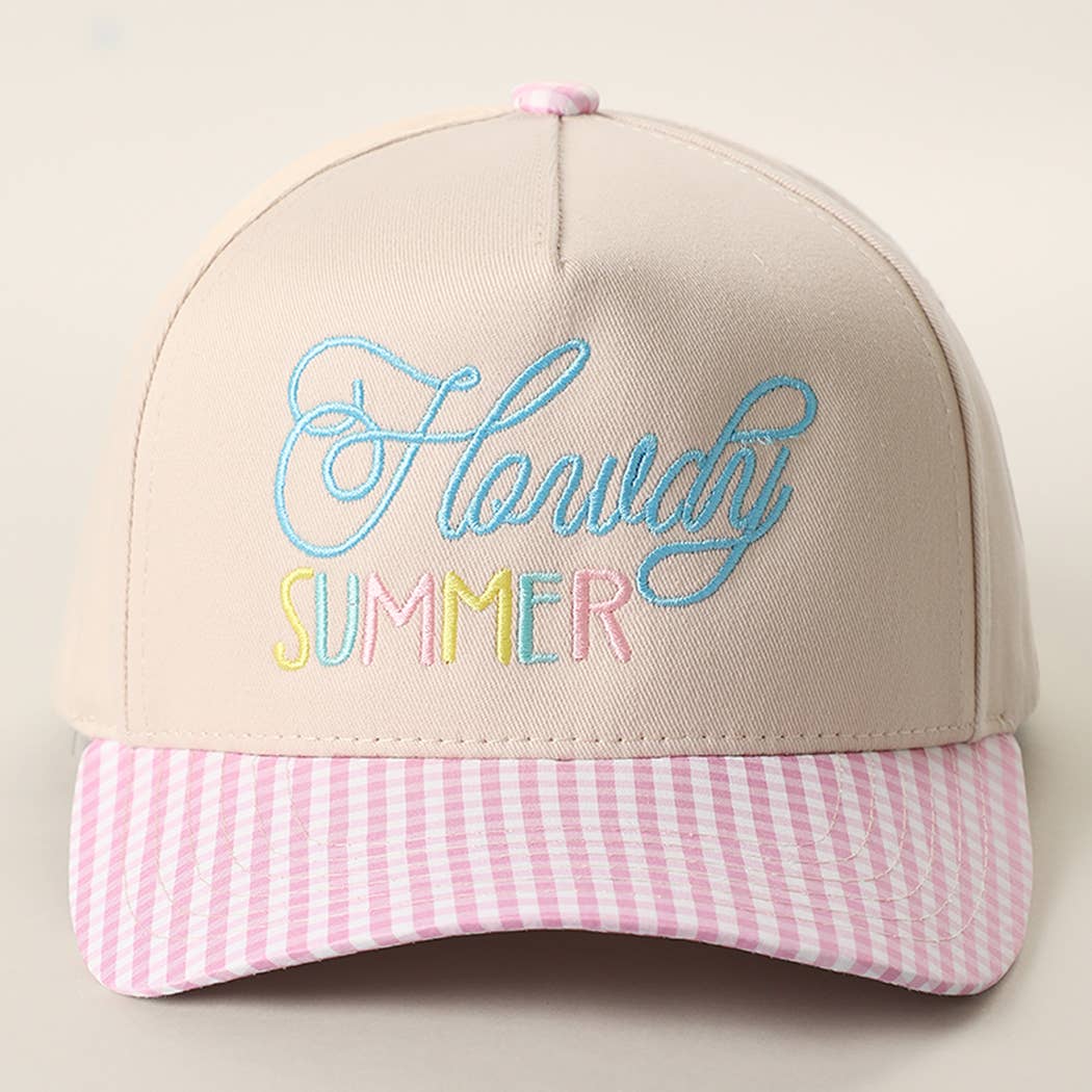 Howdy Summer Embroidered Gingham Brim Trucker Hat
