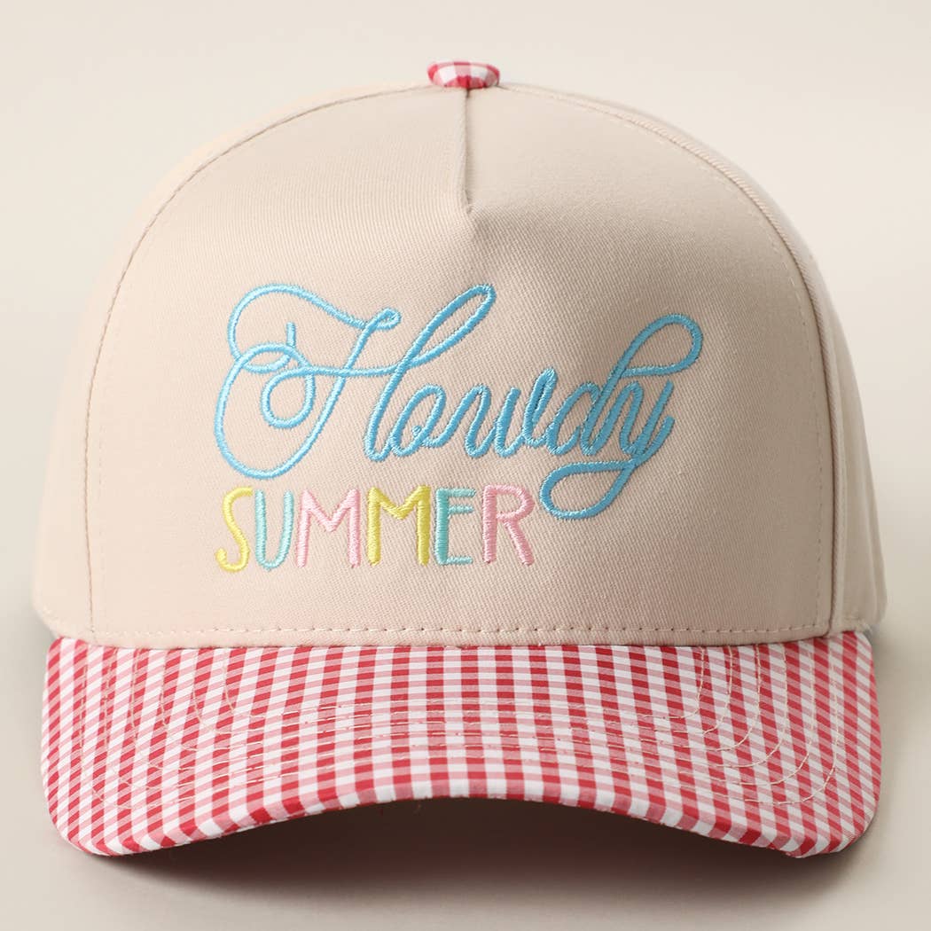 Howdy Summer Embroidered Gingham Brim Trucker Hat