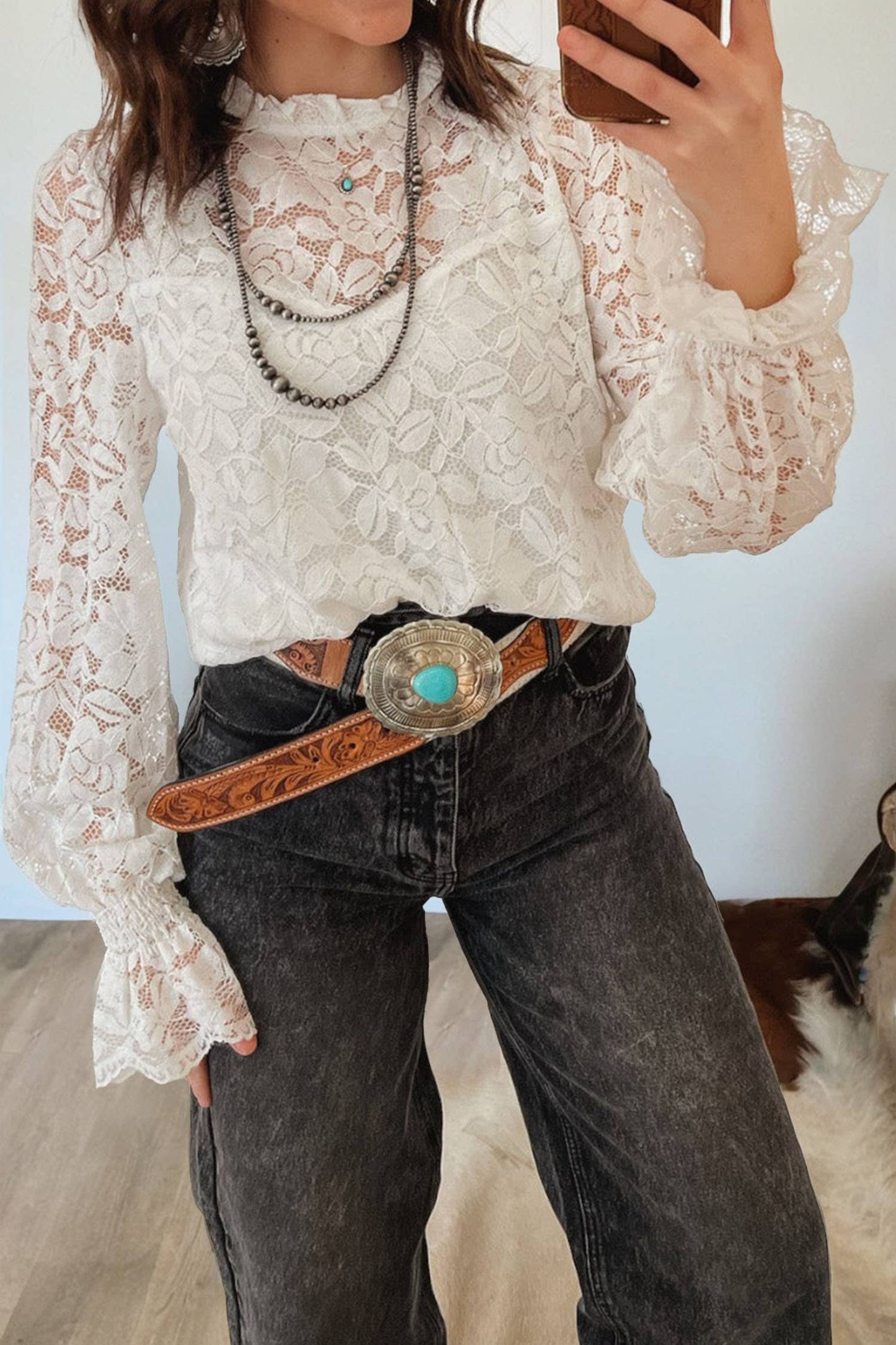 Ruffled Long Sleeve Sheer Lace Blouse