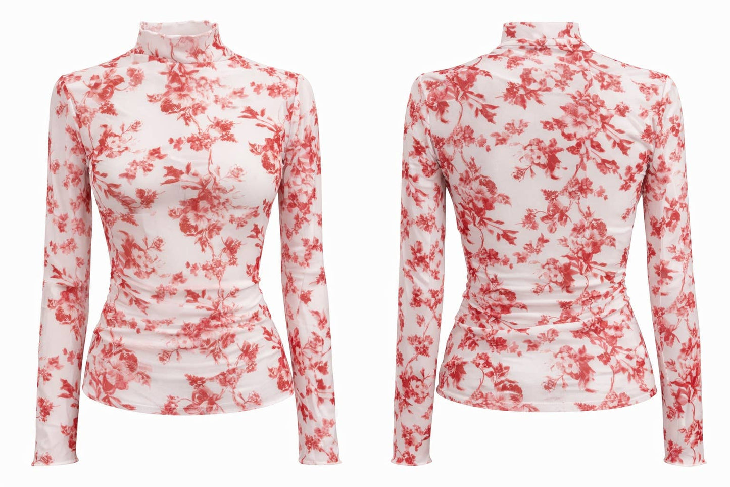 FLORAL PRT SHEER MESH HIGH NECKLINE TOP