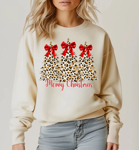 Preppy Cheetah Christmas Tree Trio Coquette Sweatshirt
