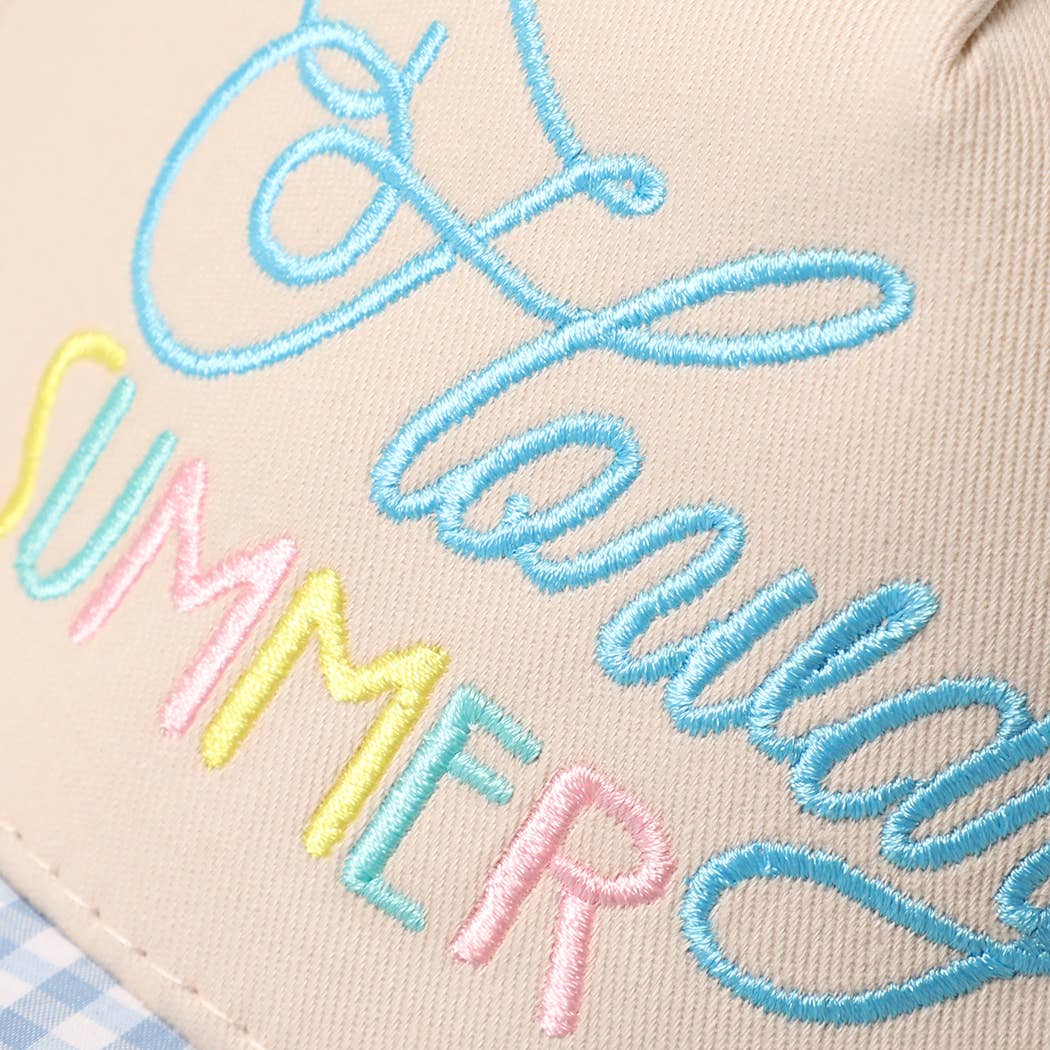 Howdy Summer Embroidered Gingham Brim Trucker Hat