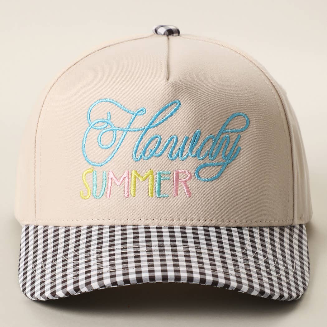 Howdy Summer Embroidered Gingham Brim Trucker Hat