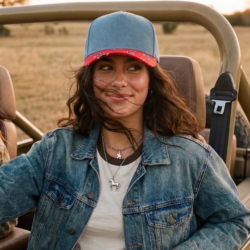 Denim With Star Print Brim Trucker Hat