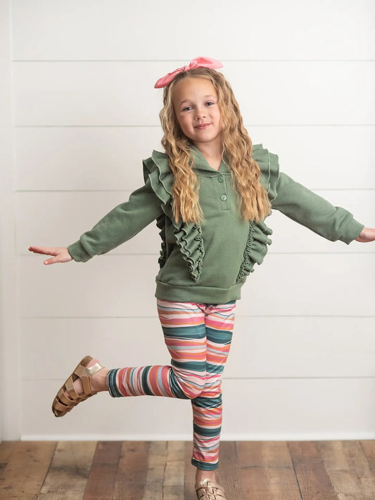 Kids Sage Double Ruffle Button Hoodie & Stripe Leggings Set