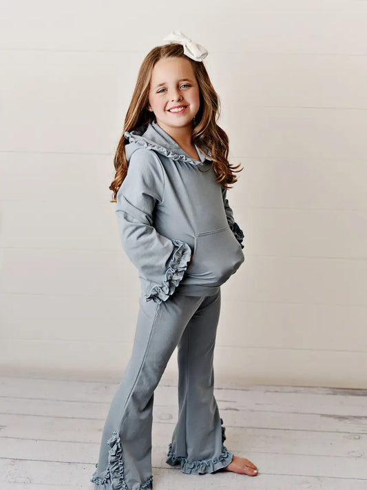 Kids Gray Hooded Ruffle Pocket Lounge Set