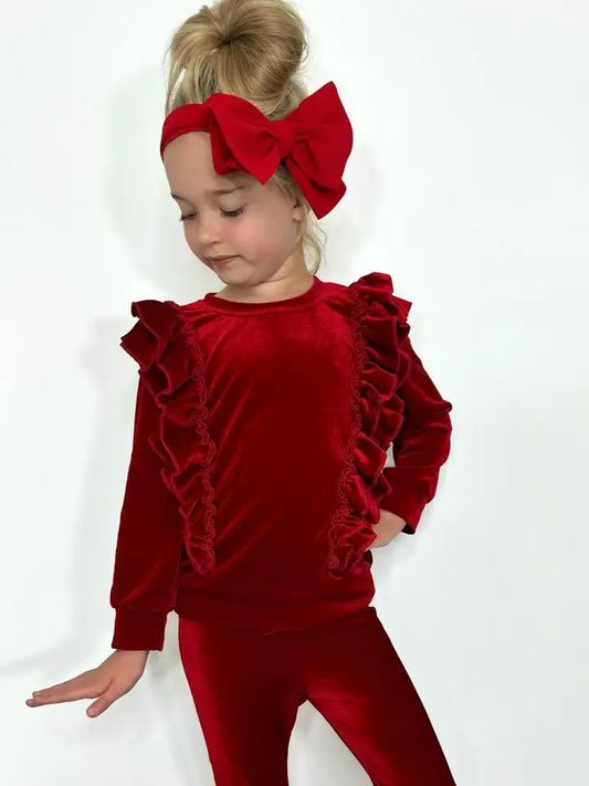 Velvet Ruffle Girls Set - Red