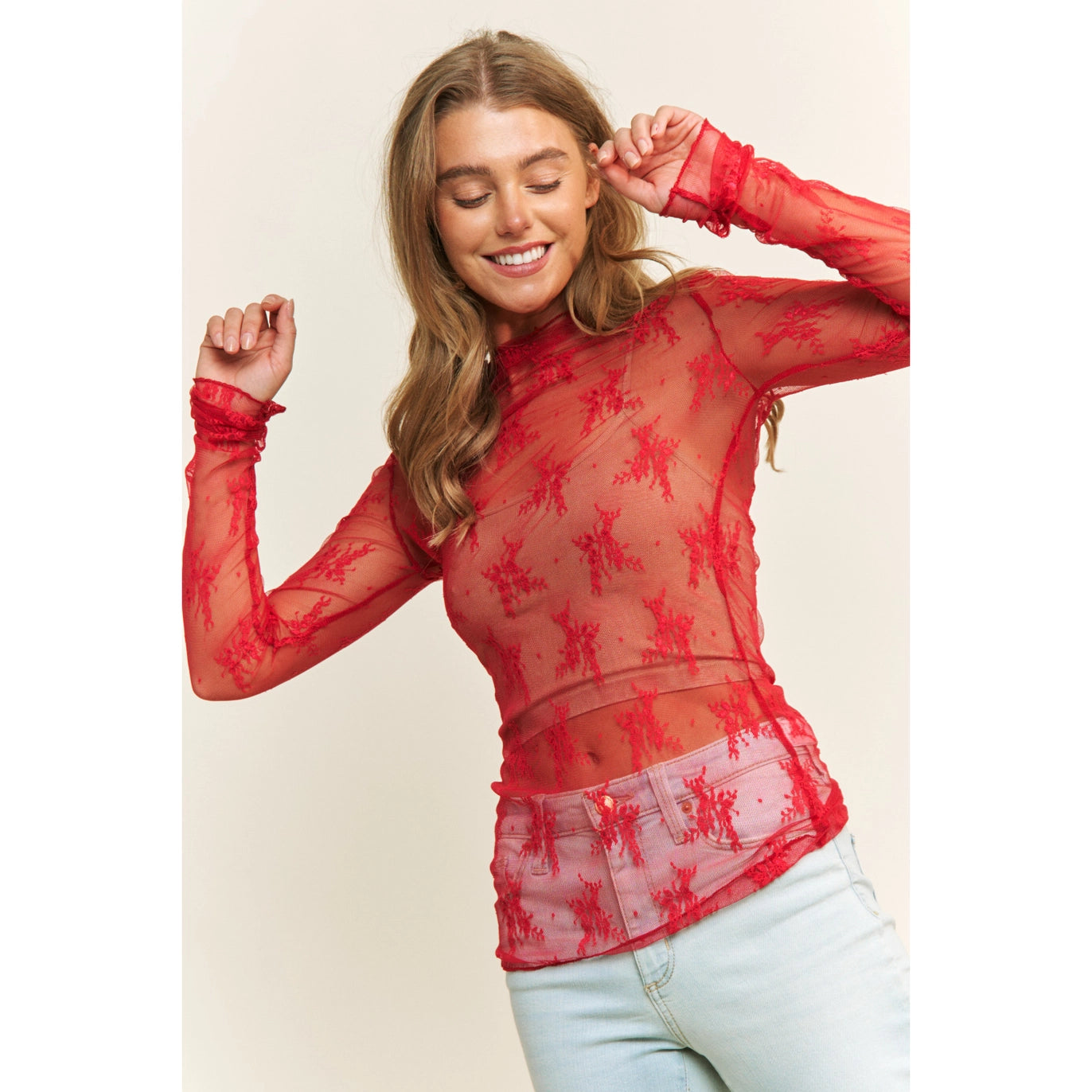 Mesh Lace High Neck Design Long Sleeve Fitted Top