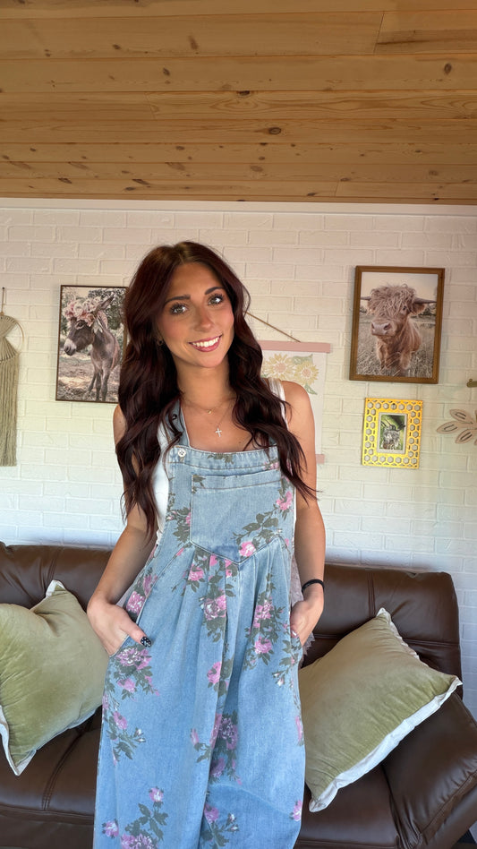 Floral Print Pleated High Waist Wide Leg Denim Jumpsuit
