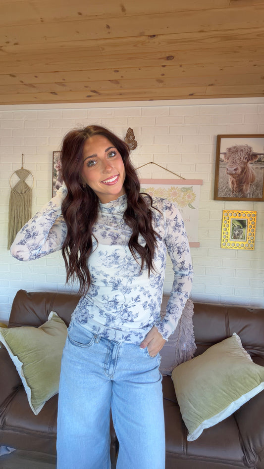 Floral Sheer Mesh High Neckline Top