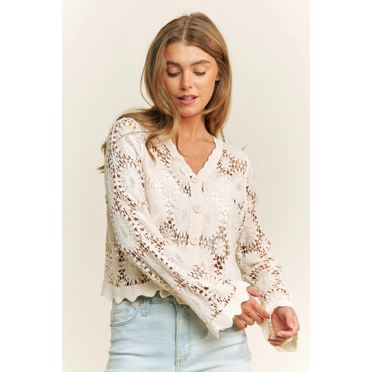 Scallop Lace Floral Crochet Button Down Top