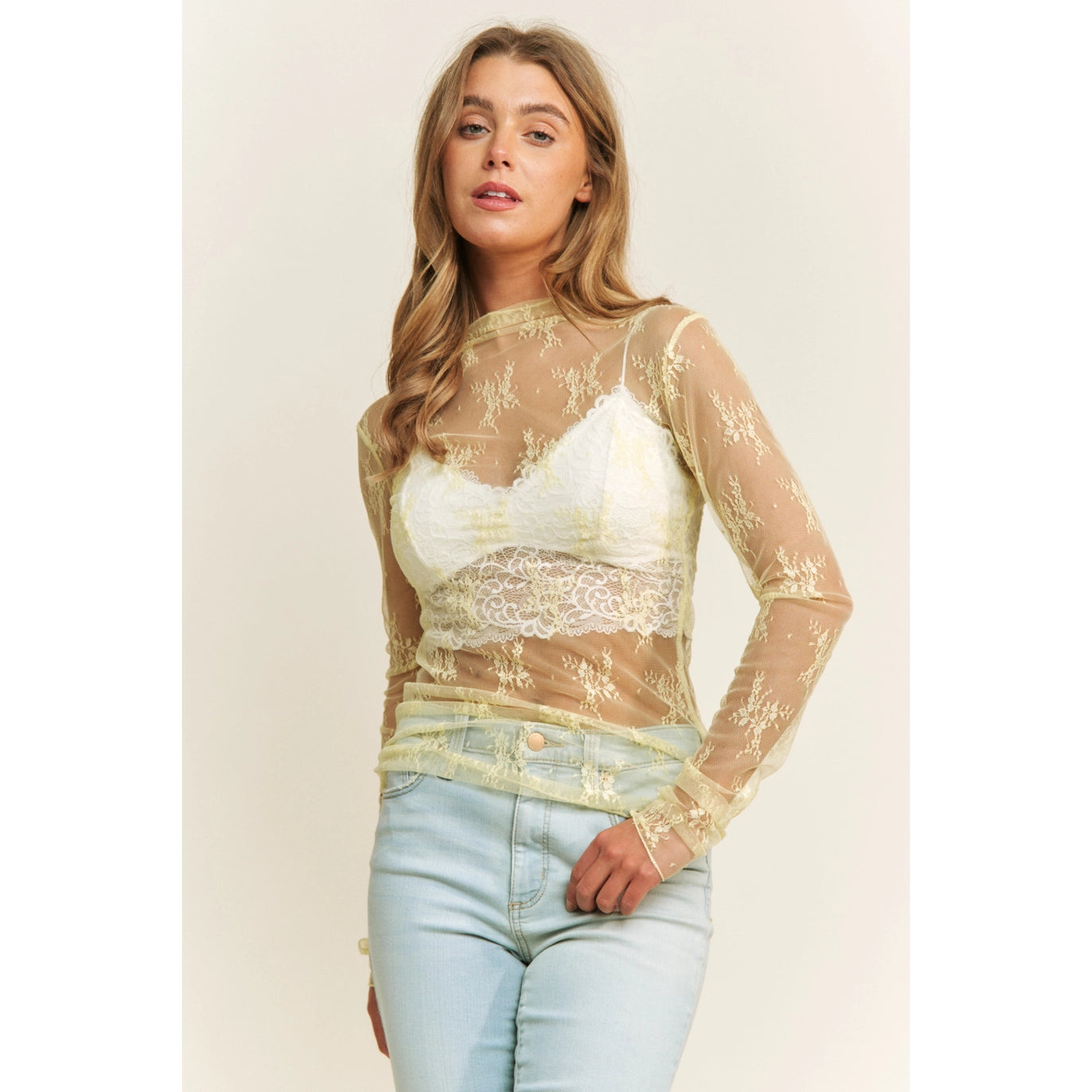 Mesh Lace High Neck Design Long Sleeve Fitted Top